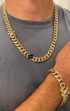 New 14k yellow gold filled cuban link chain and bracelet set